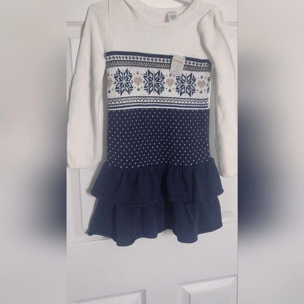 NWR Gymboree 6 Navy&White Lsleeves Knited Tiered Ruffles Snowflake Girl's Dress
